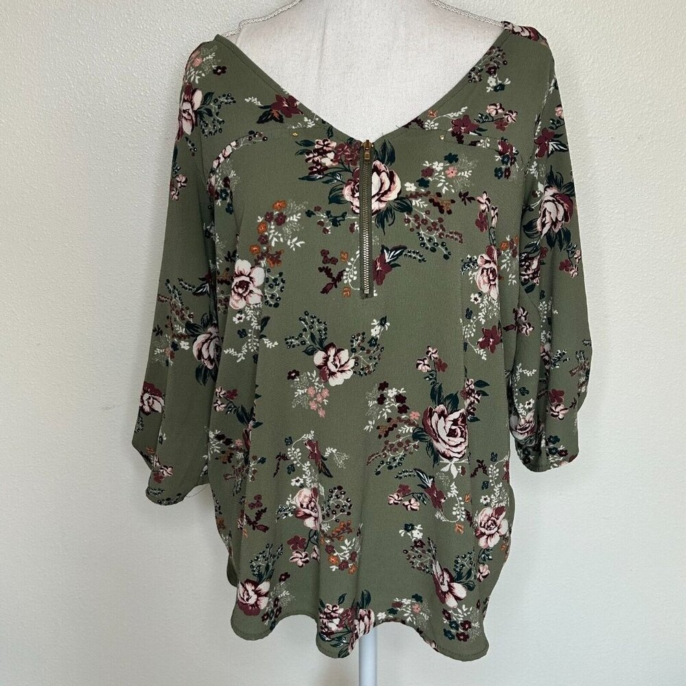 Tempted Hearts Women Top 1X Olive Floral Blouse Boho 1/4 Zip Roll Tab 3/4 Sleeve